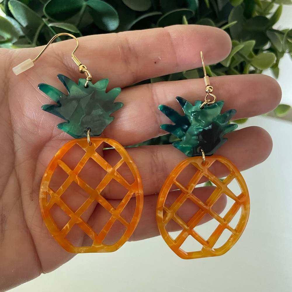 Golden Marbled Acrylic Pineapple Crown Earrings 3” length
